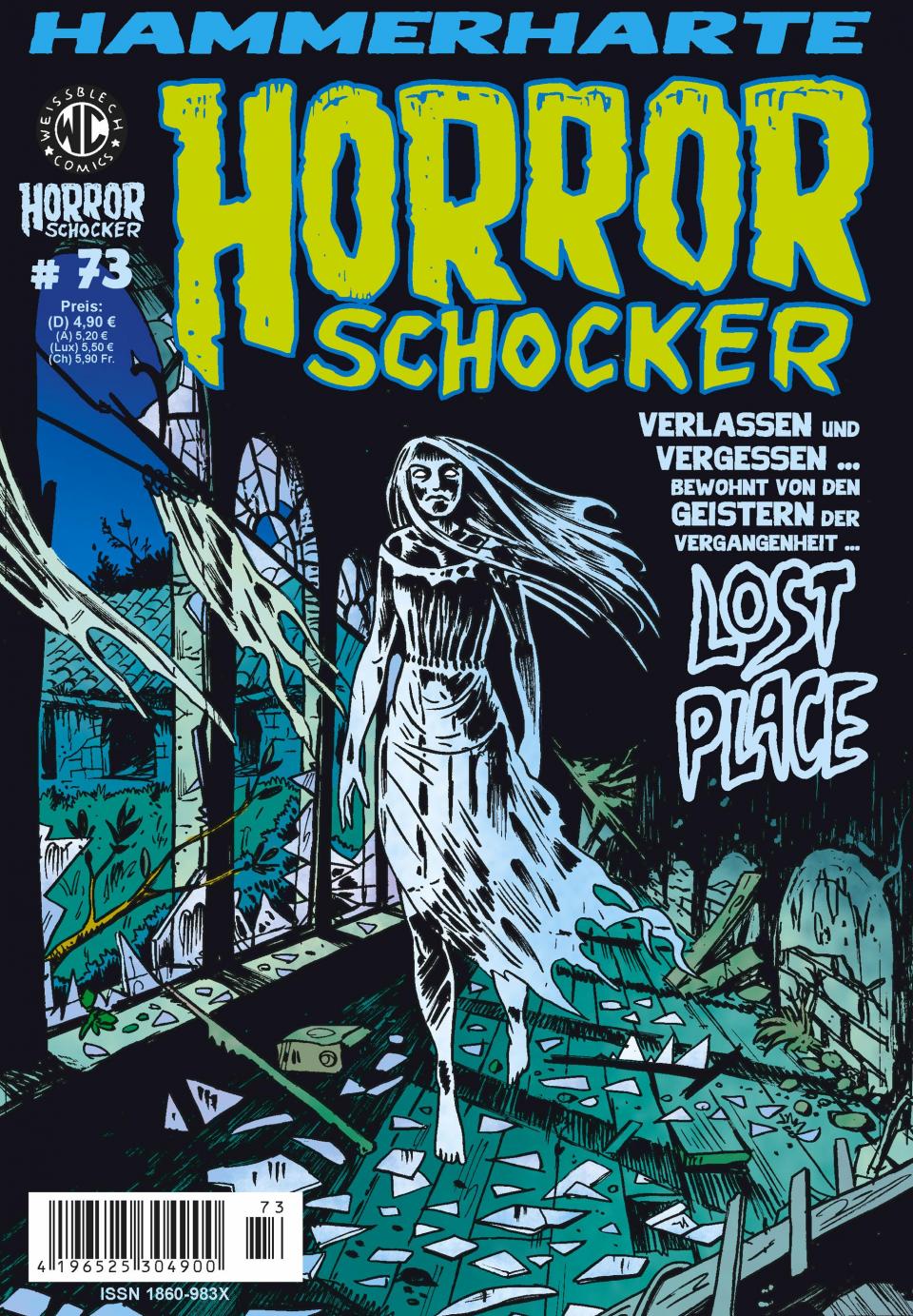 Cover der 73. Ausgabe vom Gruselcomic Horroschocker. Darauf zu sehen ist eine Geisterfrau, die durch einen verfallenen Flur schreitet. (c) Weissblech Comics