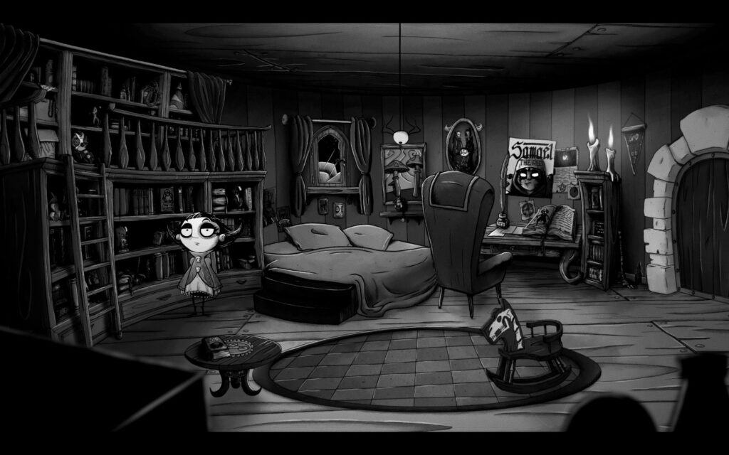 Screenshot des Point-and-Click-Adventures "PRIM". Prim steht in ihrem neuen Zimmer in der Unterwelt. An den Wänden hängen mehrere Poster, ein Totenkopf-Schaukelpferd steht im Vordergrund, ein großes Bücherregal ziert die linke Seite des Raums.